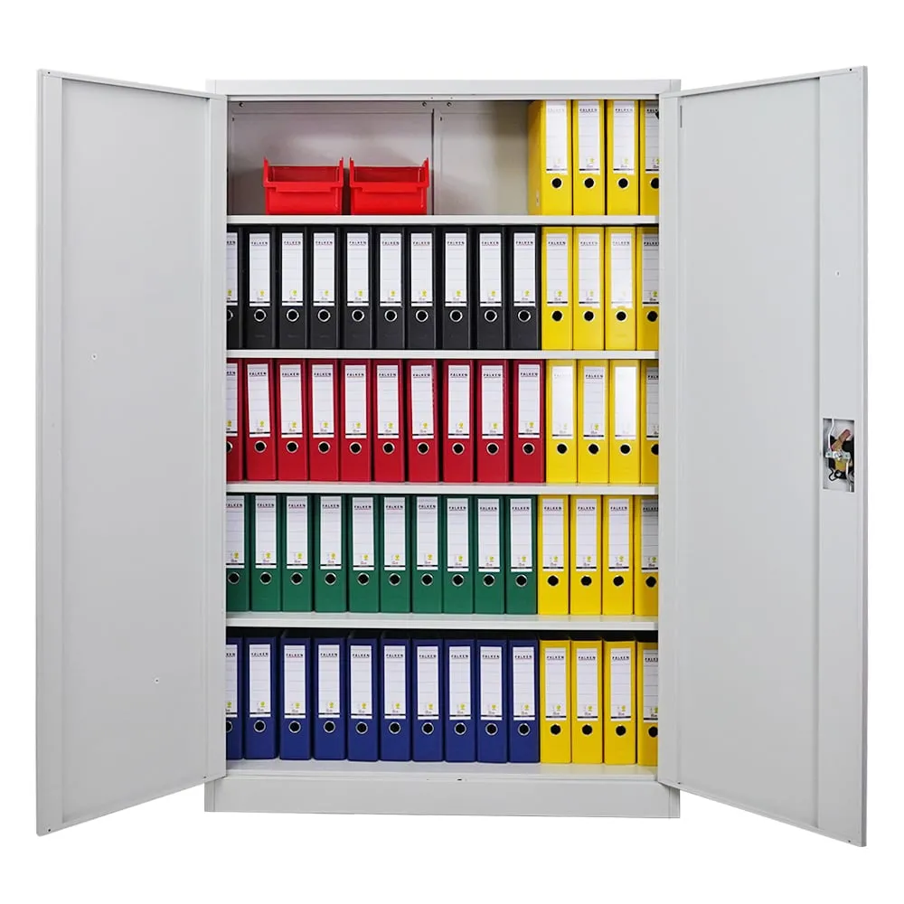 Flügeltürenschrank ELEPHANT mit 2 Türen, abschließbar | HxBxT 180x120x40cm | 4 Ebenen | Stahl mit Pulverbeschichtung | Lichtgrau | Spind Aktenschrank Metallschrank Werkstattschrank Mehrzweckschrank