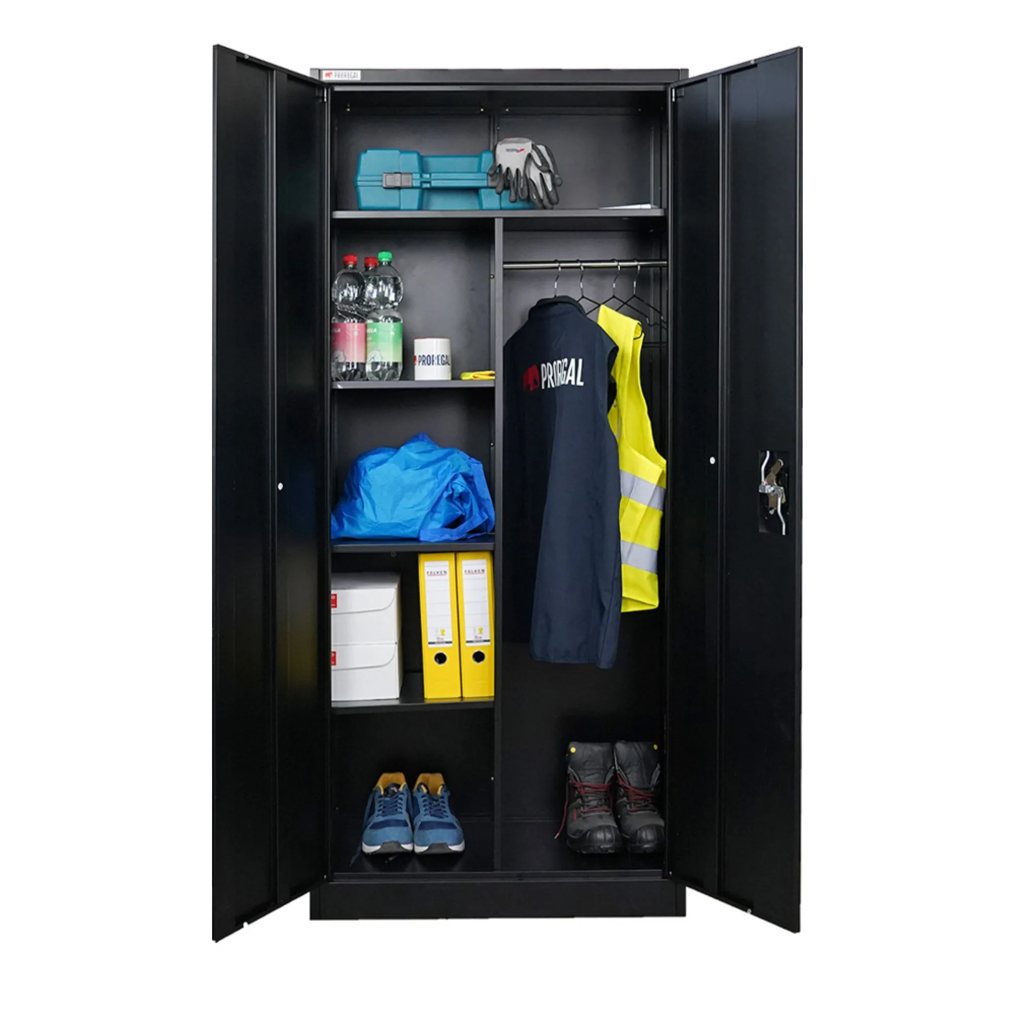 Flügeltürenschrank ELEPHANT mit 2 Türen, abschließbar | HxBxT 180x80x40cm | 6 Fächern & Kleiderstange | Stahl mit Pulverbeschichtung | Schwarz | Spind Garderobenschrank Metallschrank Werkstattschrank Mehrzweckschrank