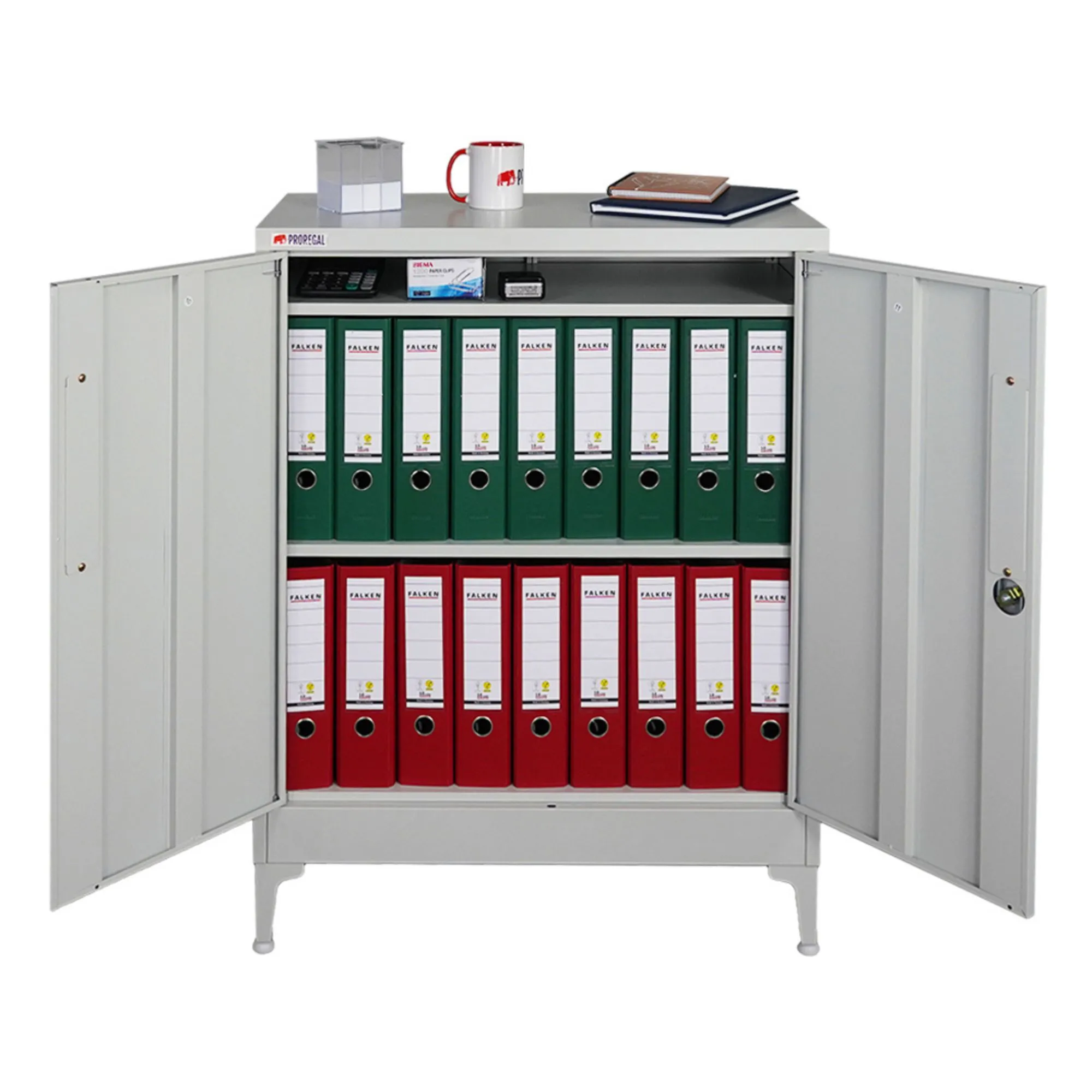 Flügeltürenschrank ELEPHANT mit Beinen & 2 Türen, abschließbar | HxBxT 90x80x40cm | 3 Ebenen | Stahl mit Pulverbeschichtung | Lichtgrau | Mehrzweckschrank Büroschrank Aufbewahrungsschrank