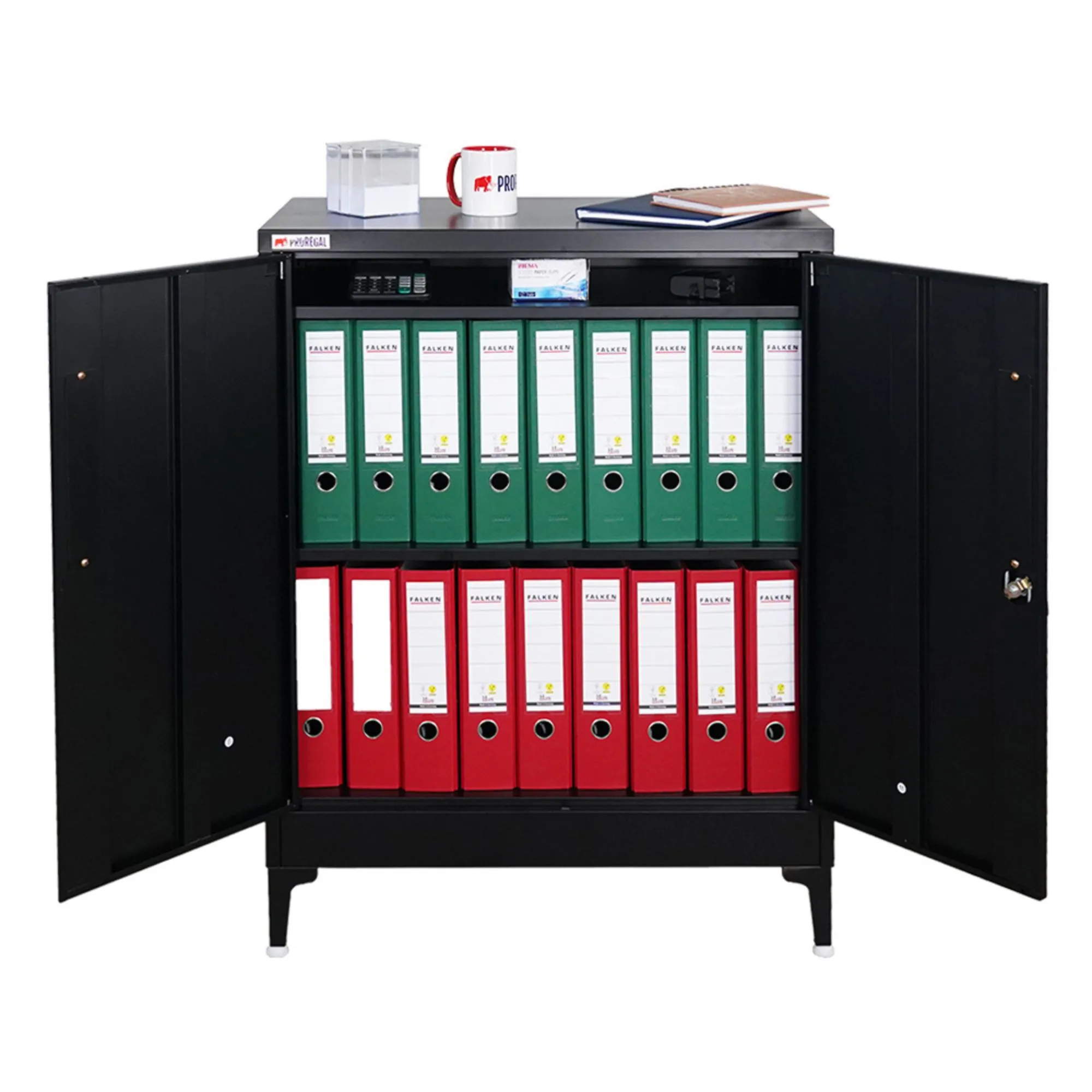 Flügeltürenschrank ELEPHANT mit Beinen & 2 Türen, abschließbar | HxBxT 90x80x40cm | 3 Ebenen | Stahl mit Pulverbeschichtung | Schwarz | Mehrzweckschrank Büroschrank Aufbewahrungsschrank