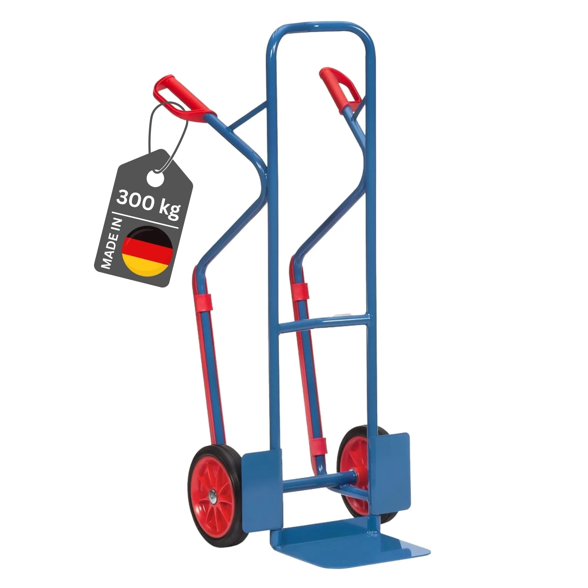 Fetra Hohe Stahlrohr-Sackkarre mit Standardschaufel, Treppenrutsche & pannensichere Vollgummibereifung | Traglast 300kg | Made in Germany | Blau
