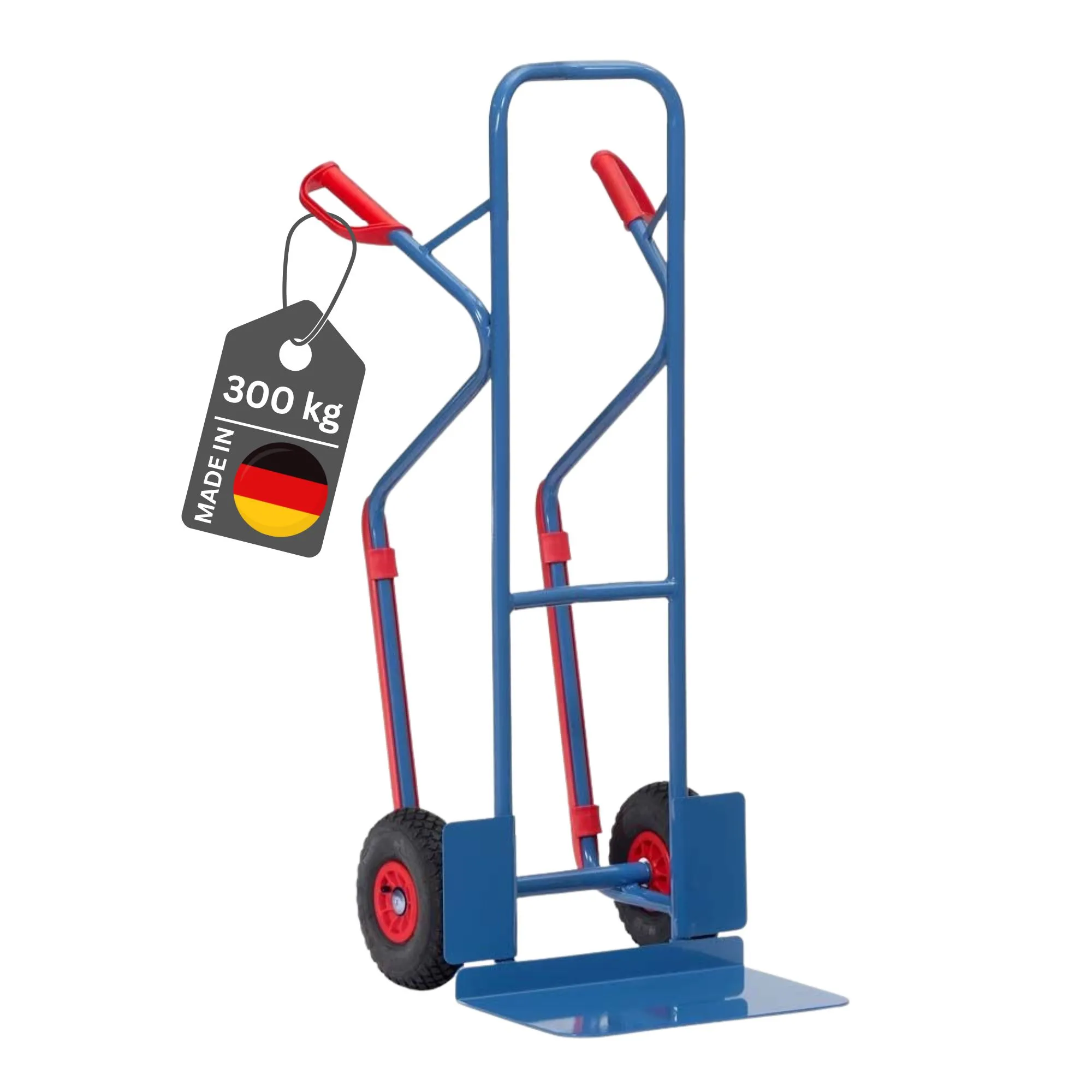 Fetra Hohe Stahlrohr-Sackkarre mit extra großer Schaufel, Treppenrutsche & Luftbereifung | Traglast 300kg | Made in Germany | Blau