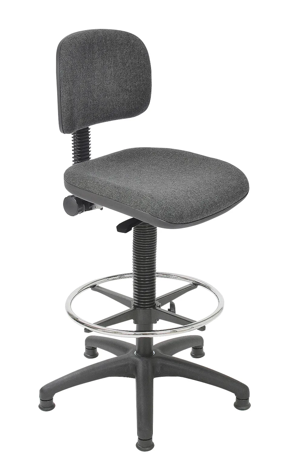 Arbeitsstuhl Arlington mit kleiner Rückenlehne | Sitzhöhe 57-83cm | Ø 63cm | Tragfähigkeit 110kg | Polstersitze | Kunststoff-Fußkreuz mit Fußring & Gleiter | Anthrazit