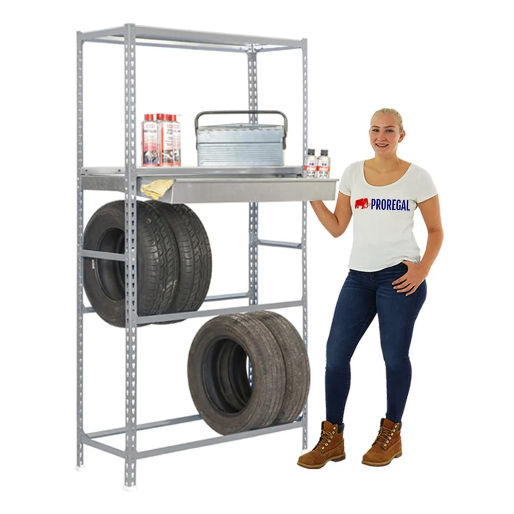 Reifenregal mit Schubfach und Ablagefläche METAL SHARK NO.3 | HxBxT 200x100x40cm | 12 Reifen | Grau