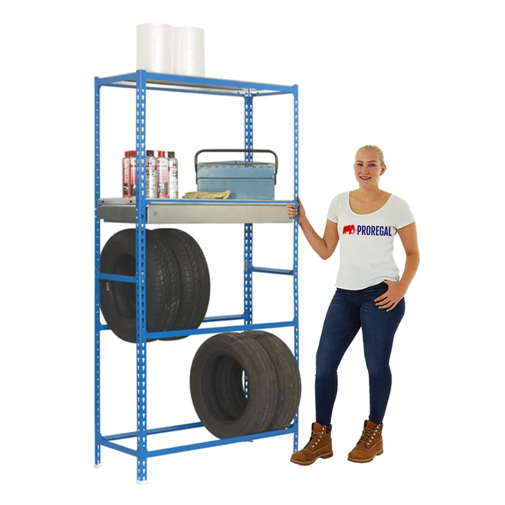 Reifenregal mit Schubfach und Ablagefläche METAL SHARK NO.3 | HxBxT 200x120x40cm | 12 Reifen | Blau
