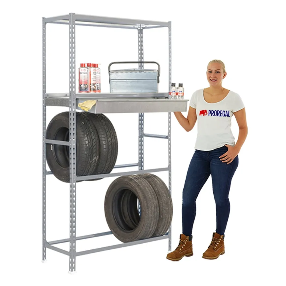 Reifenregal mit Schubfach und Ablagefläche METAL SHARK NO.3 | HxBxT 200x120x40cm | 12 Reifen | Grau