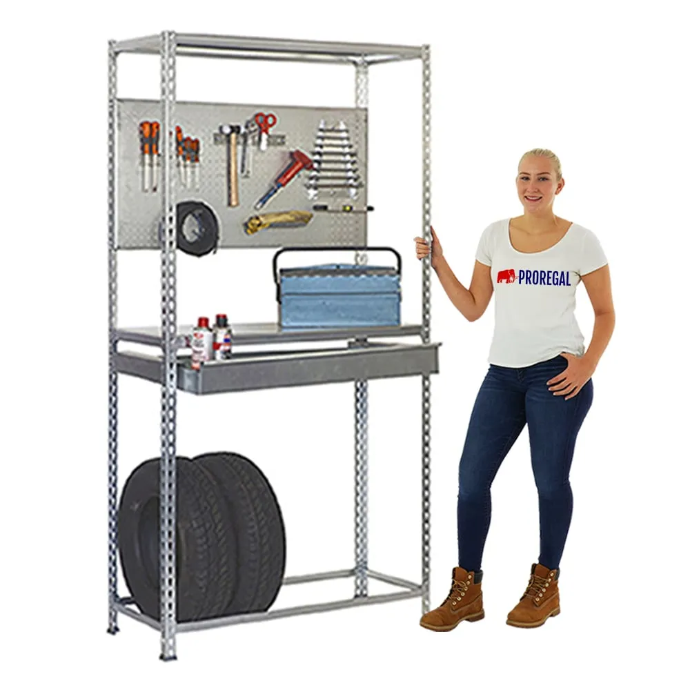 Reifenregal mit Arbeitsfläche und Schubfach METAL SHARK NO.5 | HxBxT 200x120x40cm | 6 Reifen | Verzinkt