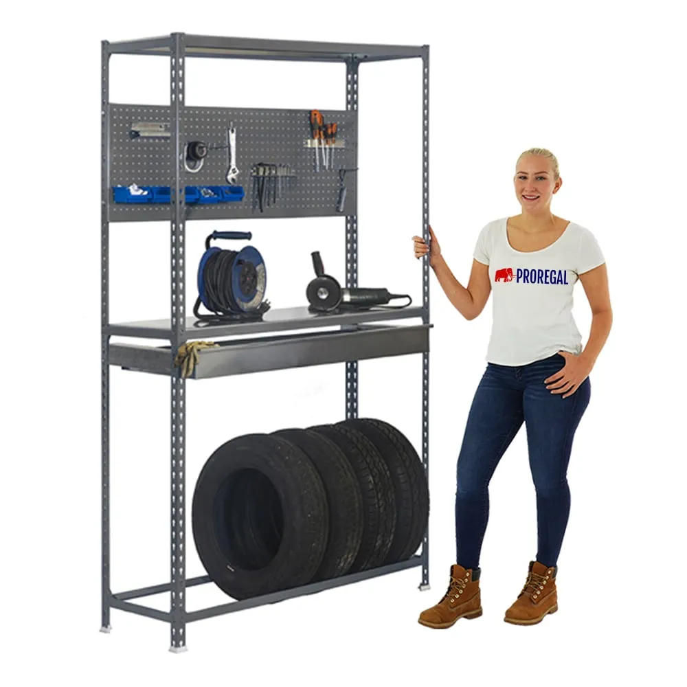 Reifenregal mit Arbeitsfläche und Schubfach METAL SHARK NO.5 | HxBxT 200x120x40cm | 6 Reifen | Grau