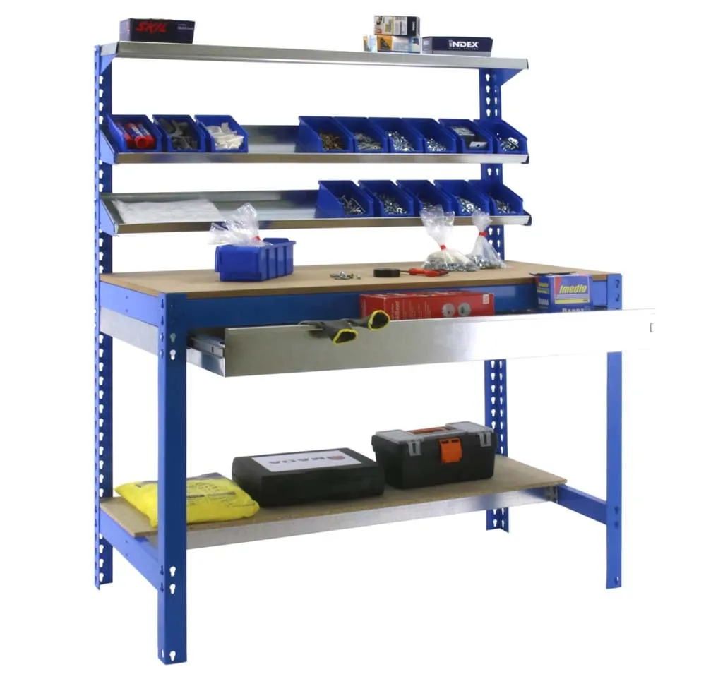 Werkbank BUFFALO mit Frontablage und Schubfach | HxBxT 84x90x61cm | Traglast 400kg | Blau