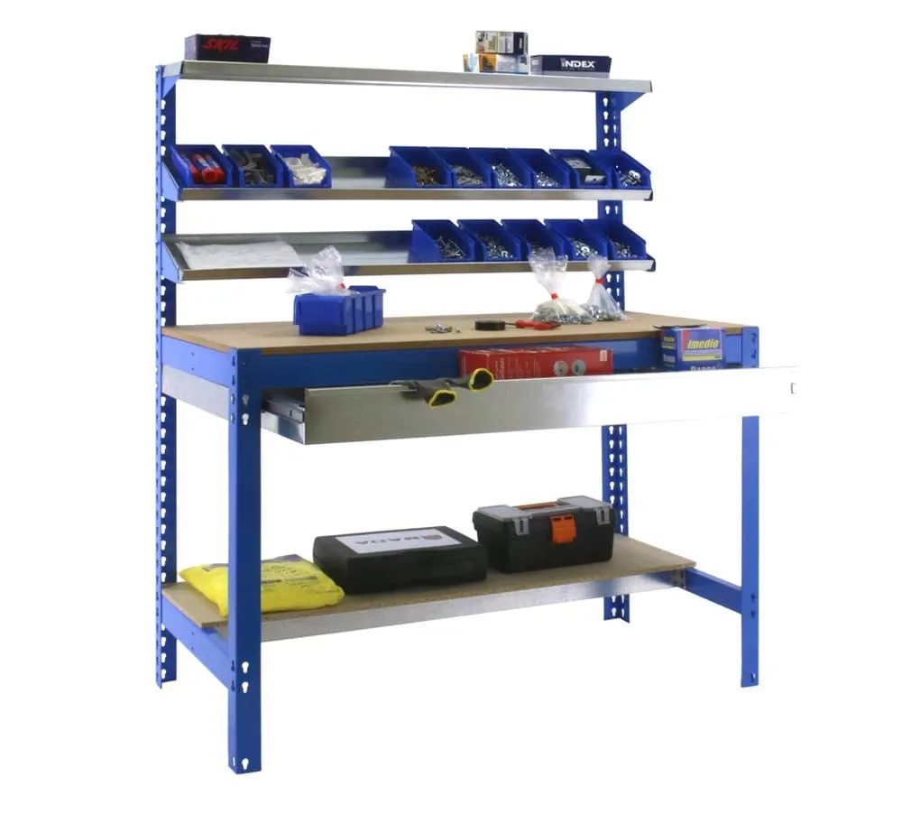 Werkbank BUFFALO mit Frontablage und Schubfach | HxBxT 84x120x61cm | Traglast 600kg | Blau