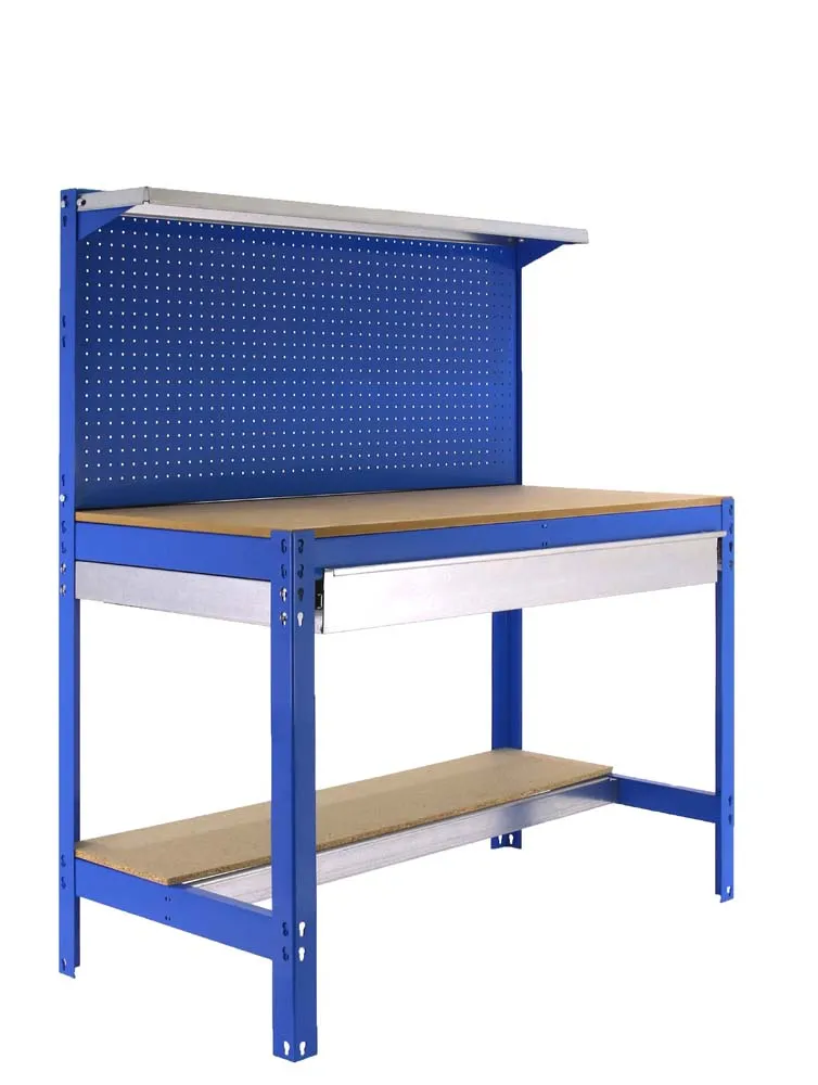 Werkbank BUFFALO mit Werkzeugwand, Schubfach und Ablage | HxBxT 84x90x61cm | Traglast 400kg | Blau