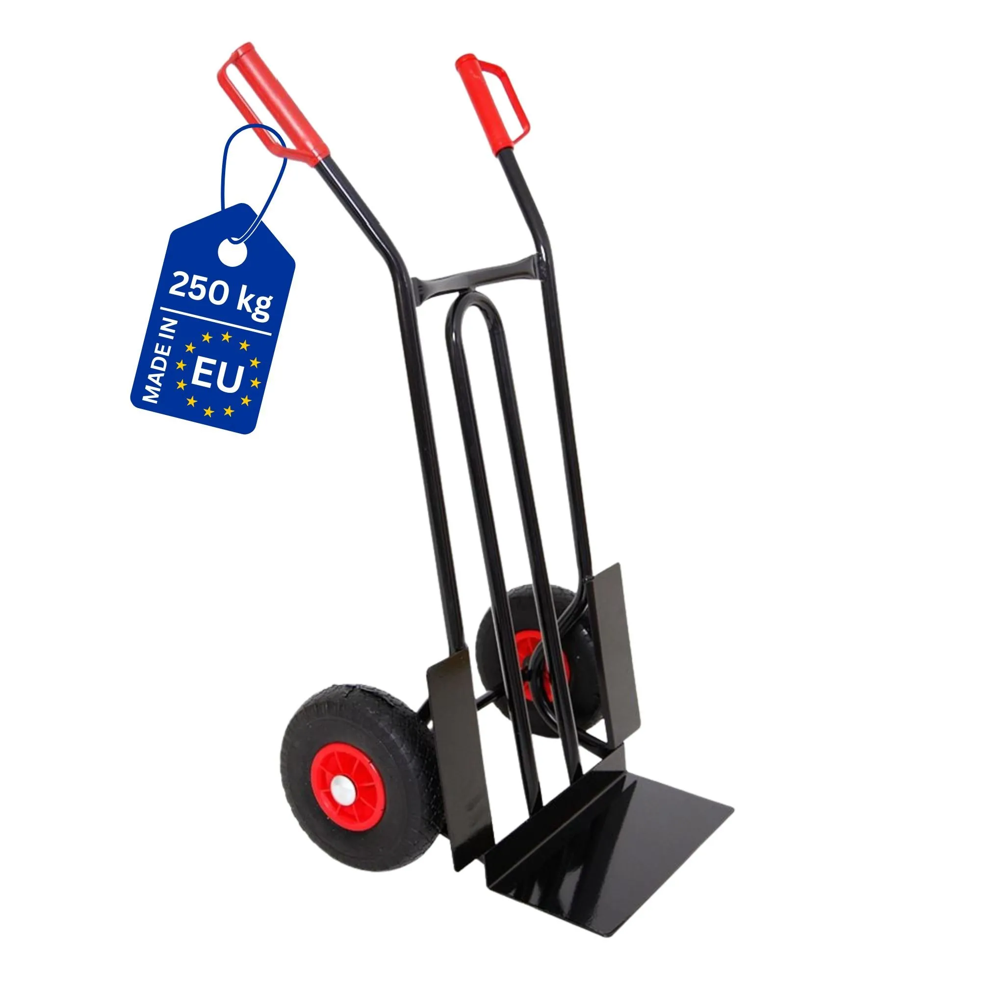 Stahlrohr-Sackkarre RHINO mit XL Schaufel, gebogenen Streben & pannensichere PU-Bereifung | Traglast 250kg | HxBxT 104x60x50cm | Schwarz | Transportkarre Staplerkarre