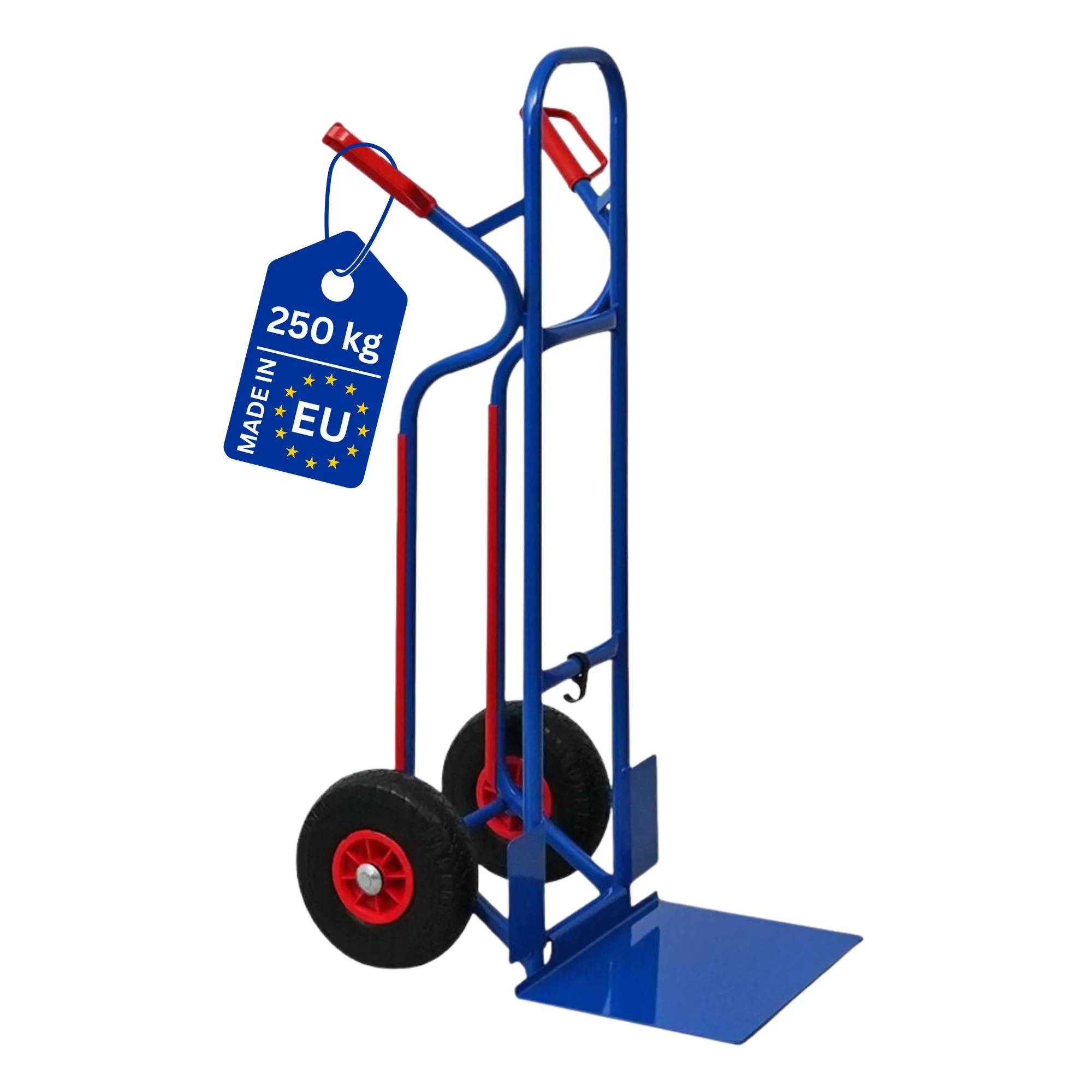 Stahlrohr-Sackkarre RAGNAR mit klappbarer XXL Schaufel, Treppenrutsche & pannensichere PU-Bereifung | Traglast 250kg  | HxBxT 117x62,5x62cm | Blau | Transportkarre Staplerkarre klappbar