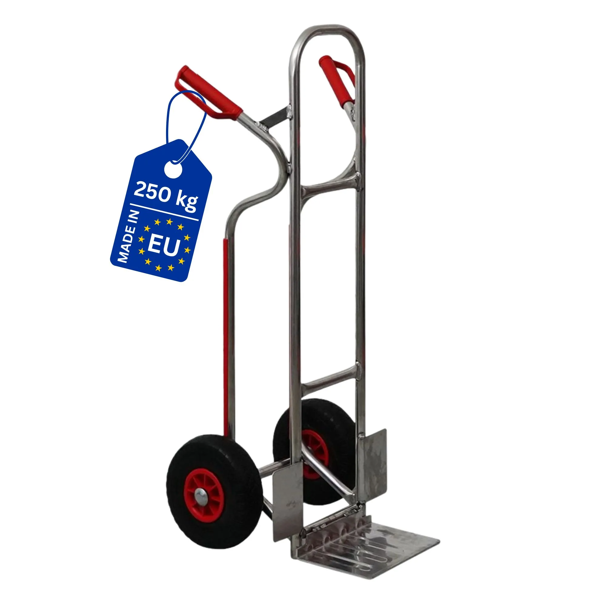Alu-Sackkarre RAGNAR mit klappbarer Schaufel, Treppenrutsche & pannensichere PU-Bereifung | Traglast 250kg | HxBxT 117x60x52cm | Aluminiumrahmen | Silber | Transportkarre Staplerkarre klappbar