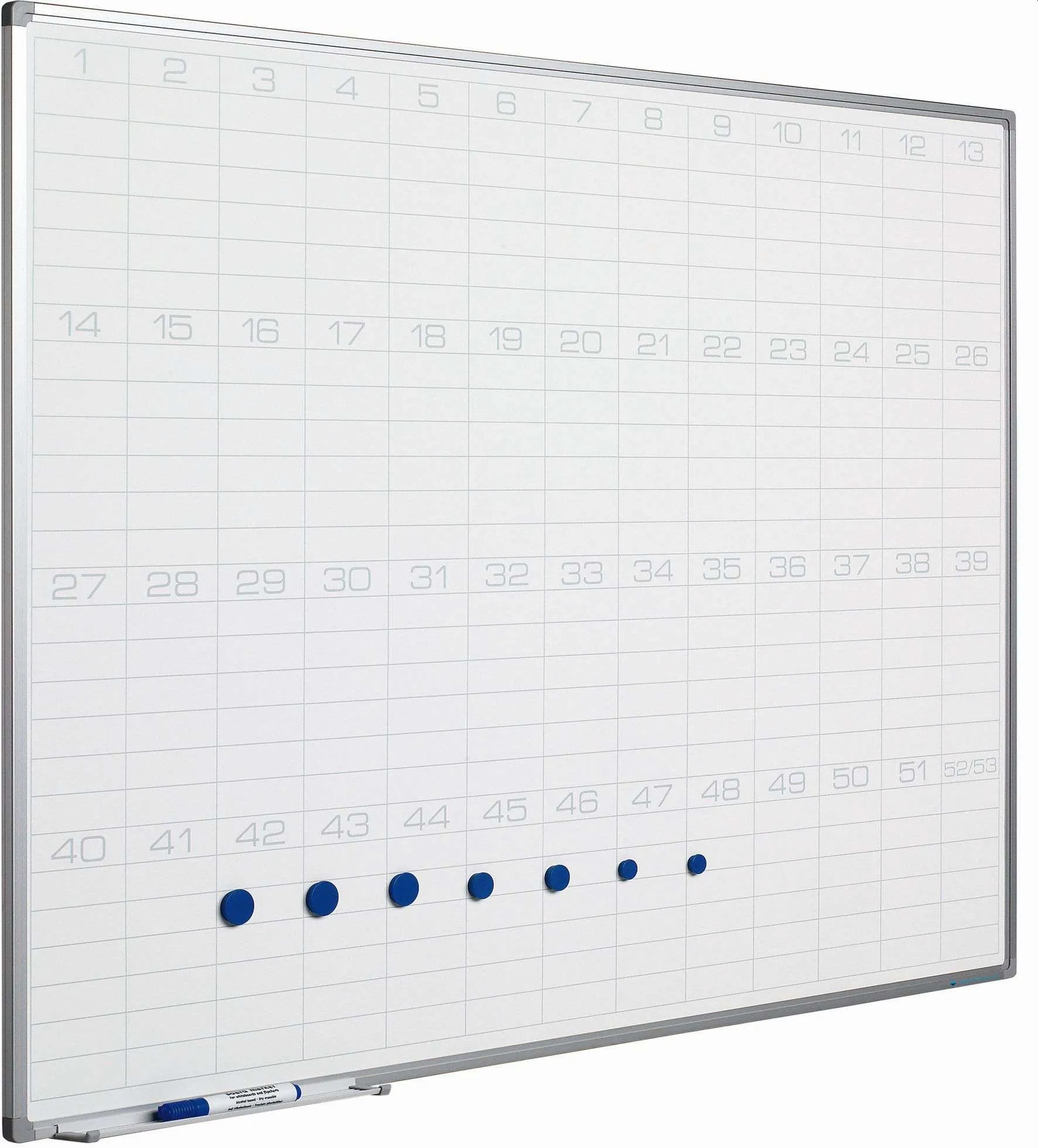 53-Wochen-Planer magnetisches Whiteboard Slim | 6 Felder pro Woche | HxBxT 90x120cm | 8mm-Platte | inkl. Befestigungsmaterial & Stiftablage | Sublimationsstahl | Aluminium/Weiß