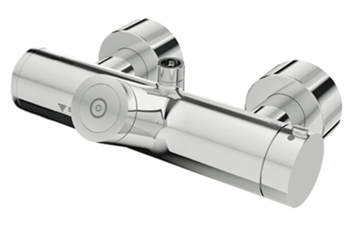 Aufputz-Duscharmatur VITUS VD-C-T / o, Mischwasser, Thermostat, Elektronisch, Selbstschluss, 2 RFV, Batteriefach, 2x DN 15 G 1/2 AG, DN 15 G 1/2 AG (oben), SWS Bus-Extender VITUS BE-FV, chrom