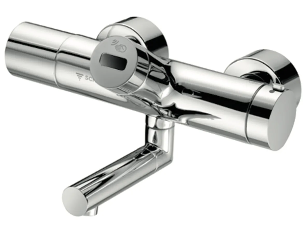 Aufputz-Waschtisch-Armatur VITUS VW-E-T, Mischwasser, Thermostat, Infrarot, 2 RFV, Batteriefach, 2x DN 15 G 1/2 AG, SWS Bus-Extender VITUS BE-FV, Ausladung bis Mitte Strahlregler: 210 mm, chrom