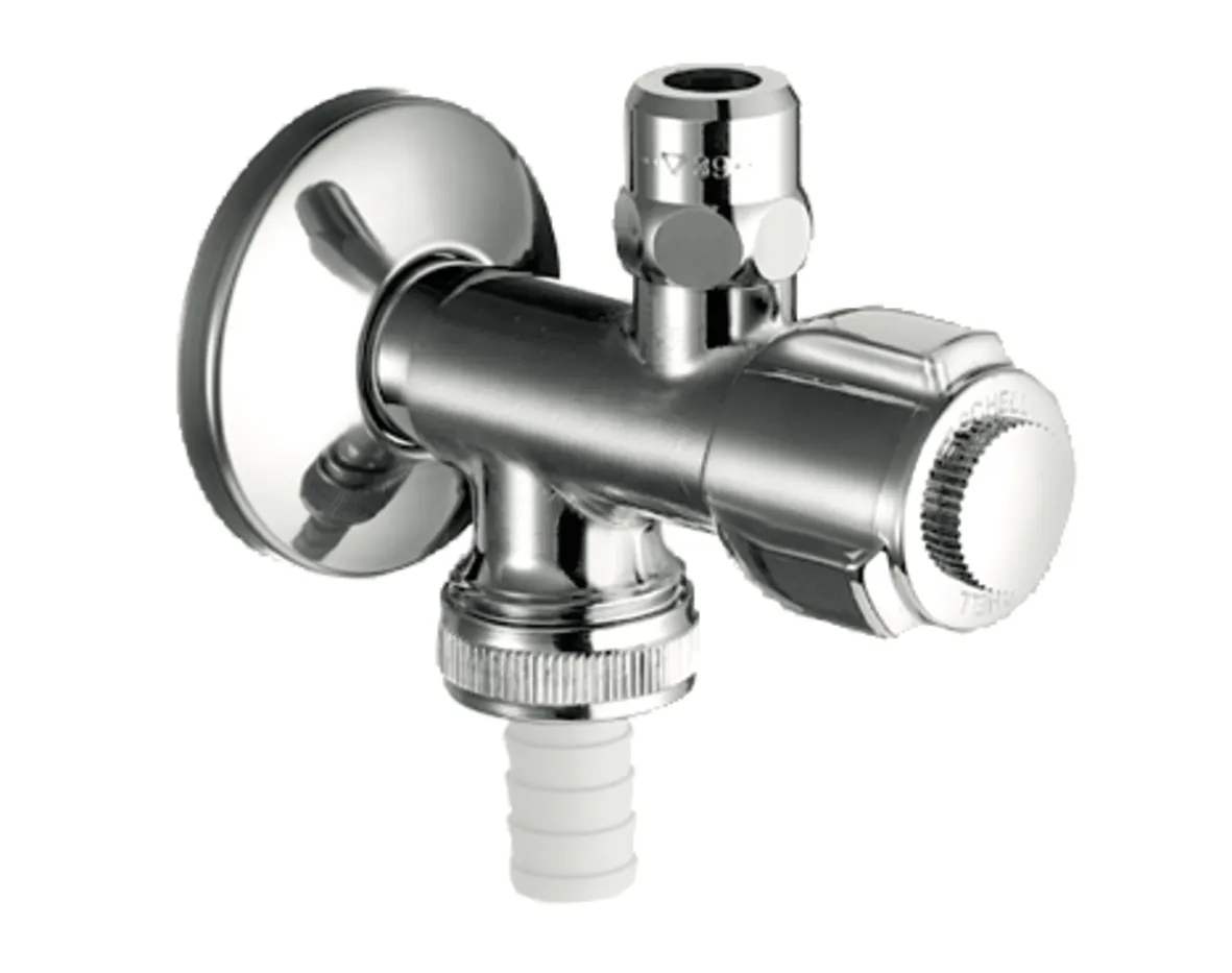 Doppelanschluss-Eckventil COMFORT, RFV, 2x G 3/8 AG, Schlauchverschraubung Ø 14,5 mm (DN 20 G 3/4 AG), DN 10 G 3/8 AG, chrom