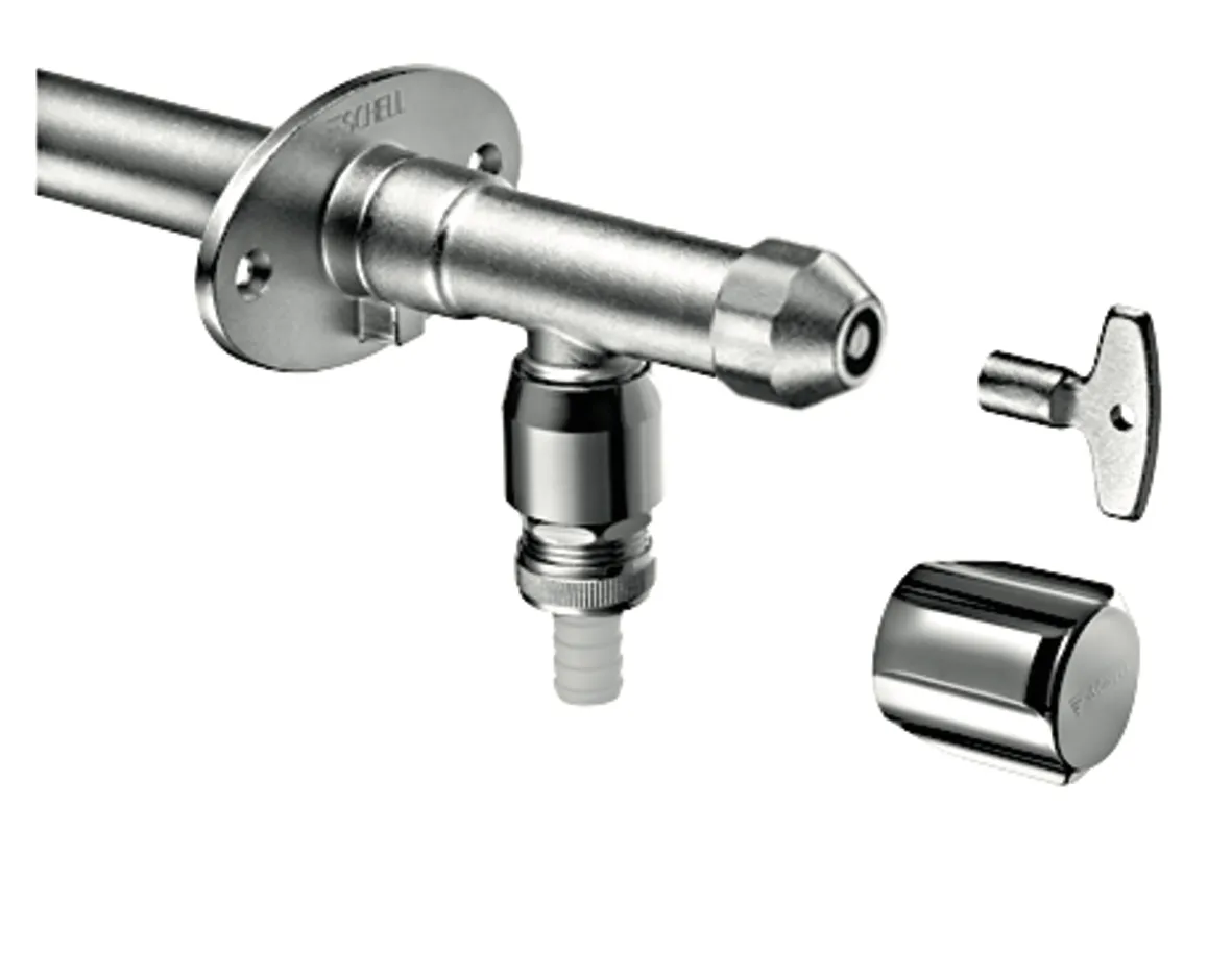 Außenwandarmatur POLAR II, Frostsicher, Rückflussverhinderer RV, Rohrbelüfter RB, DN 15 G 1/2 AG, Schlauchverschraubung Ø 14,5 mm (DN 20 G 3/4 AG), mattchrom