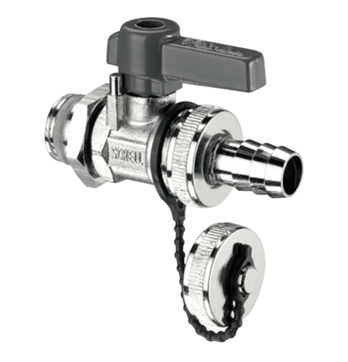 F + E-Kugelhahn mit Hebelgriff, Hebelgriff, Max. Betriebsdruck: 16 bar, DN 15 G 1/2 AG mit ASAG, Schlauchverschraubung Ø 14,5 mm (DN 20 G 3/4 AG), Messing
