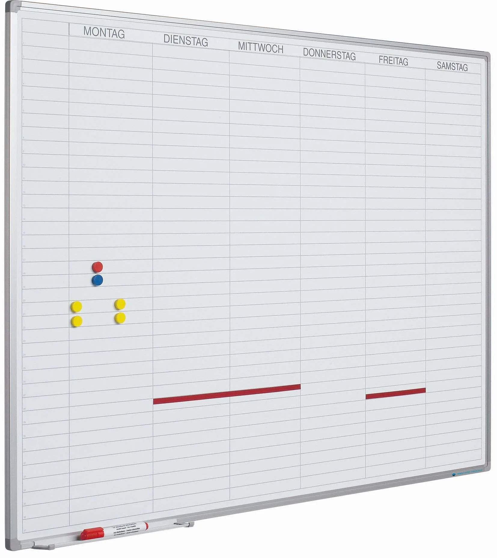 Arbeitstageplaner Whiteboard Mo-Sa inkl. magnetische Tagesstreifen | HxB 90x120cm | 8mm-Platte | auf Deutsch | inkl. Befestigungsmaterial & Stiftablage | Sublimationsstahl | Aluminium/Weiß