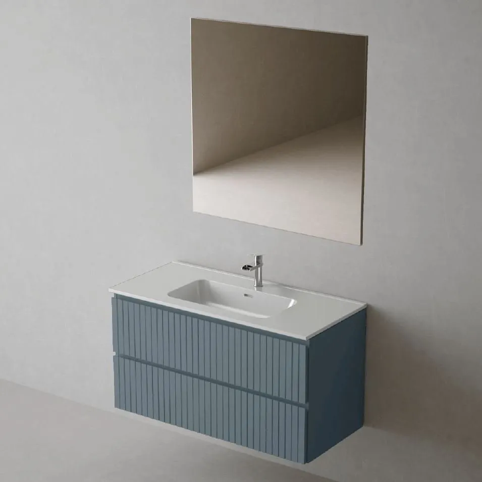 GLOW SCHRANK 60CM WANDHÄNGEND 2 SCHUBLADEN MIT WASCHTISCH+SPIEGEL COBALT MATT